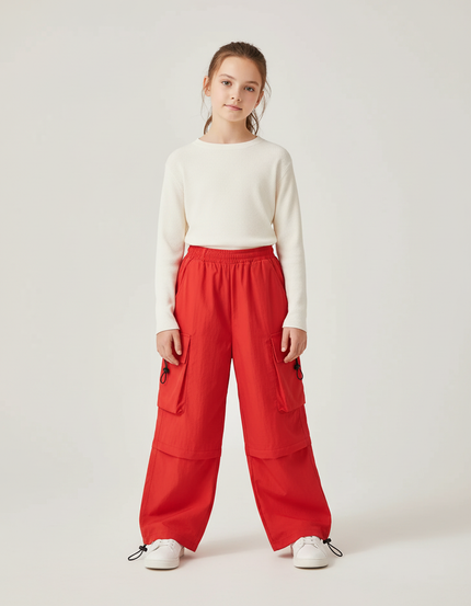 Pantalon Cargo Rouge Amples Multipoches Enfant Streetwear - Polyester