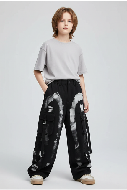 Pantalon Cargo Noir Ample Graffiti Garçon Fille - Toile