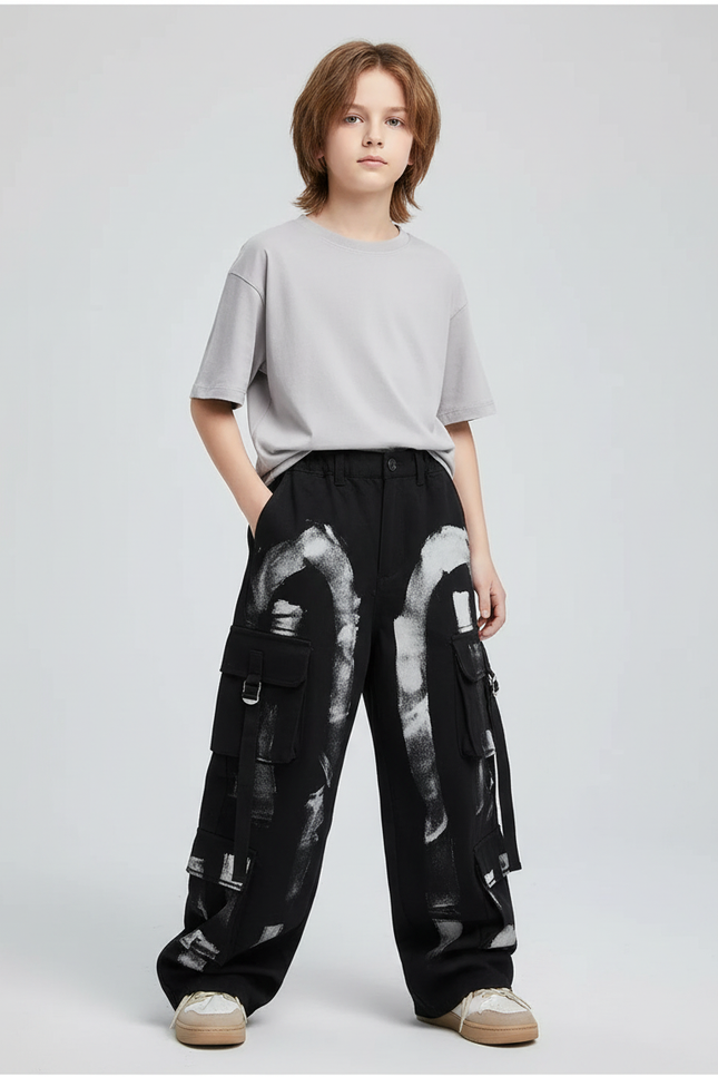 Pantalon Cargo Noir Ample Graffiti Garçon Fille - Toile