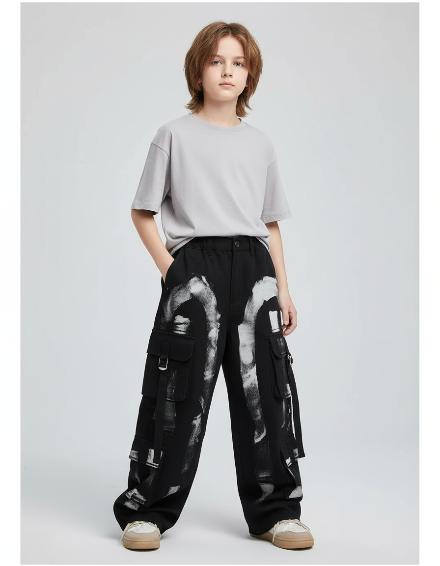 Pantalon Cargo Noir Ample Graffiti Garçon Fille - Toile