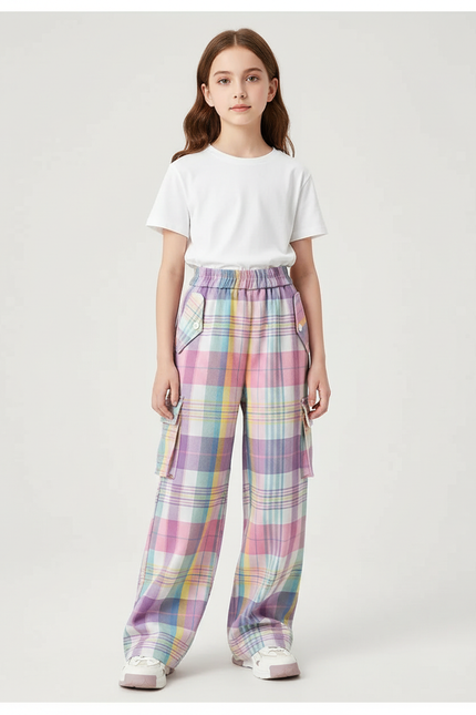 Pantalon Cargo Plaid Pastel Ample Fille Décontracté - Multicolore Laine