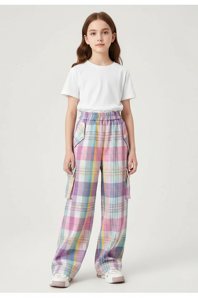 Pantalon Cargo Plaid Pastel Ample Fille Décontracté - Multicolore Laine