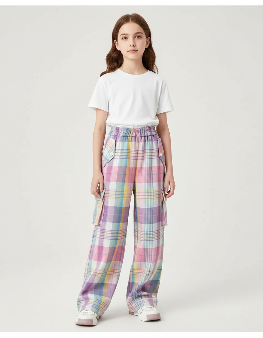 Pantalon Cargo Plaid Pastel Ample Fille Décontracté - Multicolore Laine