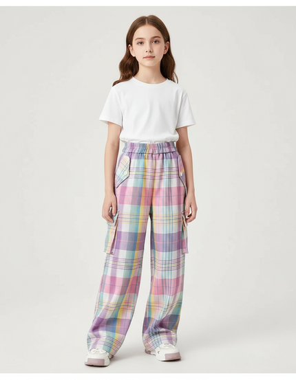 Pantalon Cargo Plaid Pastel Ample Fille Décontracté - Multicolore Laine