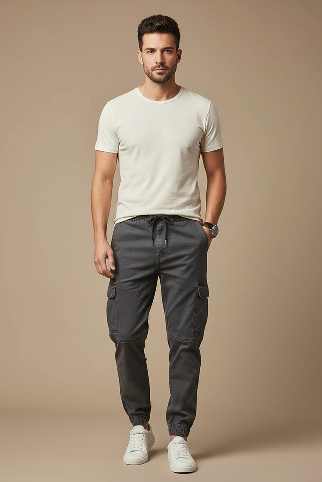 Pantalon Cargo Homme Gris Coton Jogger Décontracté