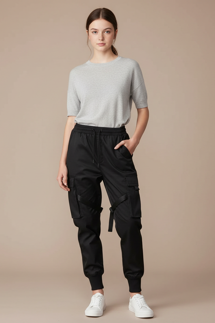 Pantalon Cargo Noir Fluide Multipoches Sangles Femme - Polyester