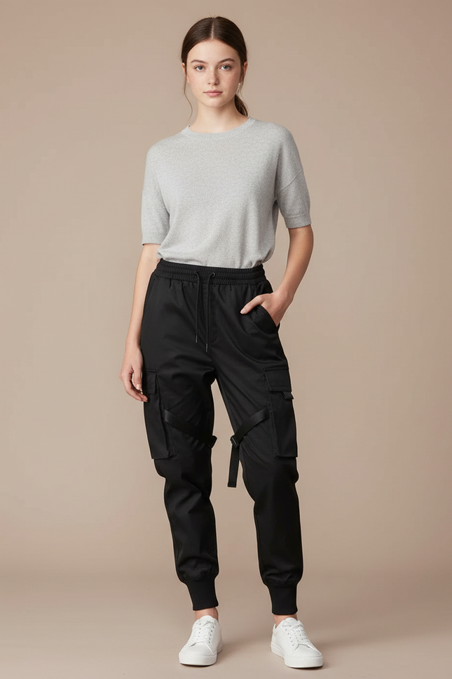 Pantalon Cargo Noir Fluide Multipoches Sangles Femme - Polyester