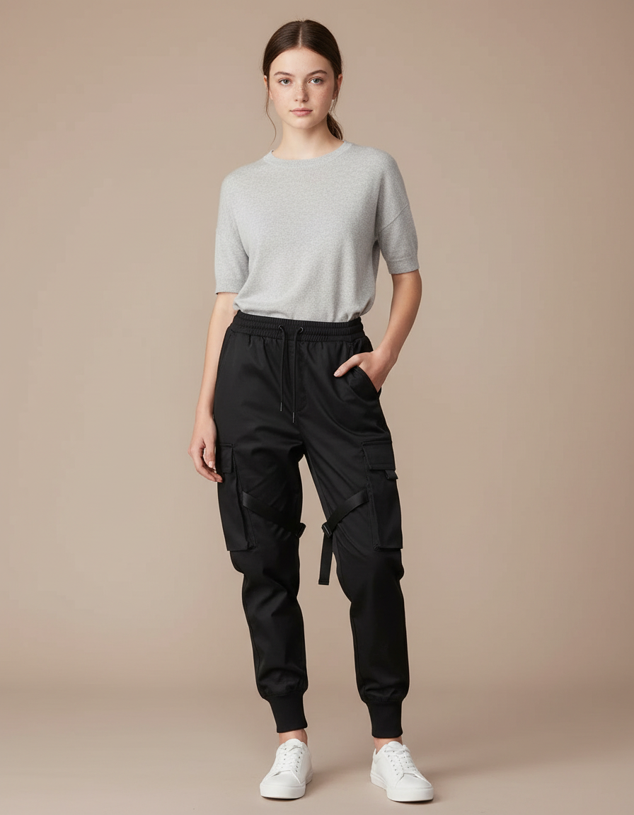 Pantalon Cargo Noir Fluide Multipoches Sangles Femme - Polyester