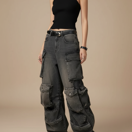 Pantalon Cargo Denim Délavé Ample Multipoches Femme - Gris Jean