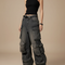 Pantalon Cargo Denim Délavé Ample Multipoches Femme - Gris Jean