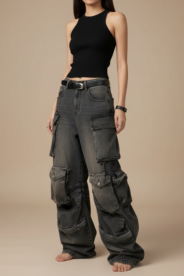 Pantalon Cargo Denim Délavé Ample Multipoches Femme - Gris Jean