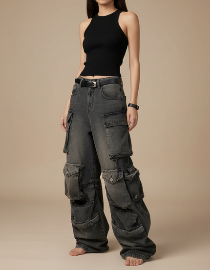 Pantalon Cargo Denim Délavé Ample Multipoches Femme - Gris Jean
