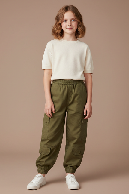 Pantalon Cargo Vert Kaki Ample Multipoches Enfant - Toile