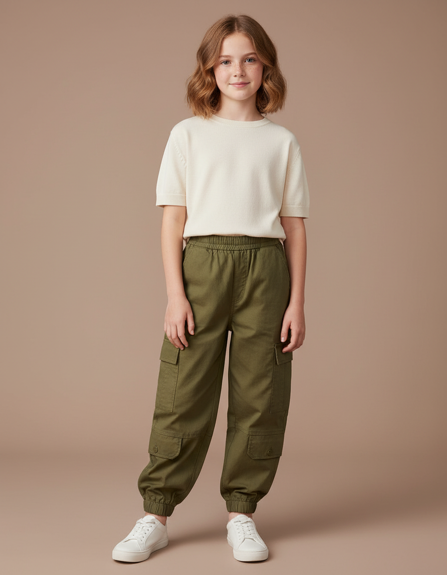 Pantalon Cargo Vert Kaki Ample Multipoches Enfant - Toile