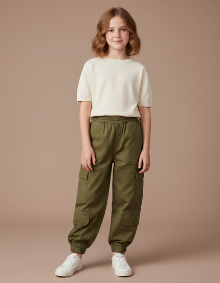 Pantalon Cargo Vert Kaki Ample Multipoches Enfant - Toile