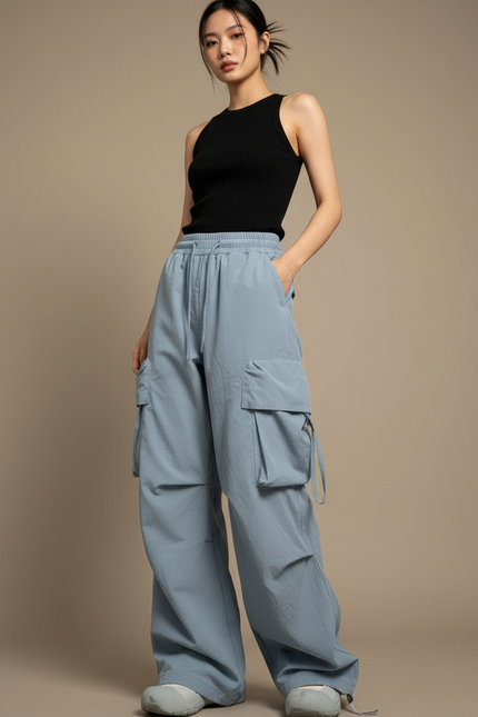 Pantalon Cargo Ample Bleu Clair Taille Haute Femme - Polyester