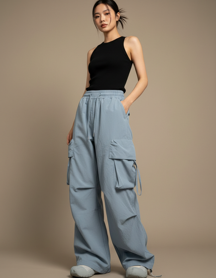 Pantalon Cargo Ample Bleu Clair Taille Haute Femme - Polyester