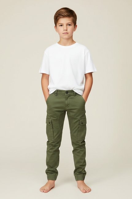 Pantalon Cargo Vert Kaki Slim Enfant Coton