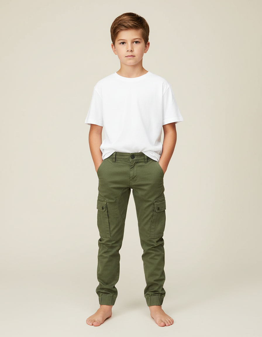 Pantalon Cargo Vert Kaki Slim Enfant Coton
