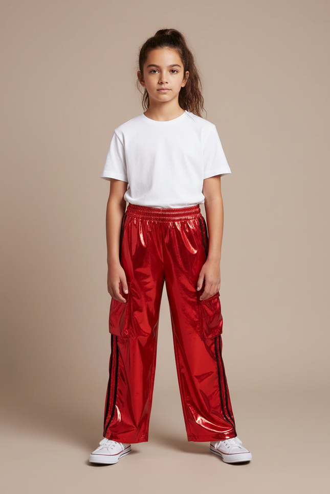 Pantalon Cargo Rouge Brillant Ample Fille Streetwear - Polyester