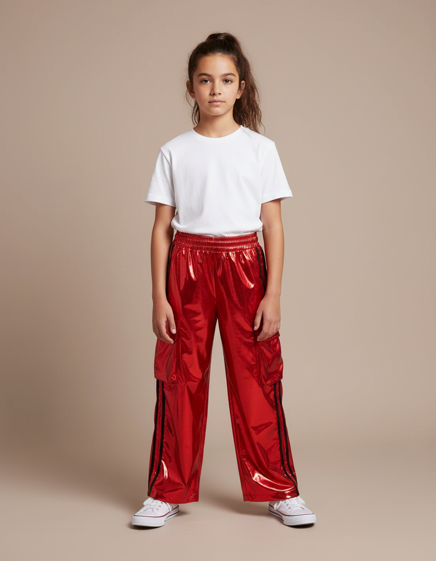 Pantalon Cargo Rouge Brillant Ample Fille Streetwear - Polyester
