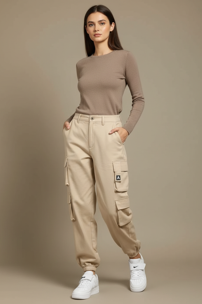 Pantalon Cargo Beige Multipoches Décontracté Femme - Gabardine