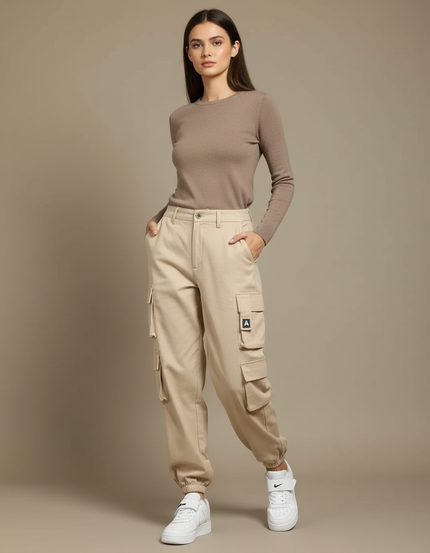 Pantalon Cargo Beige Multipoches Décontracté Femme - Gabardine