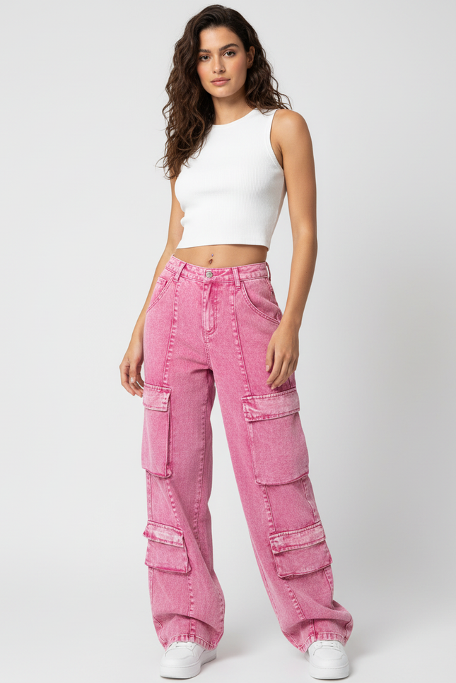 Pantalon Cargo Rose Ample Multipoches Délavé Femme - Jean