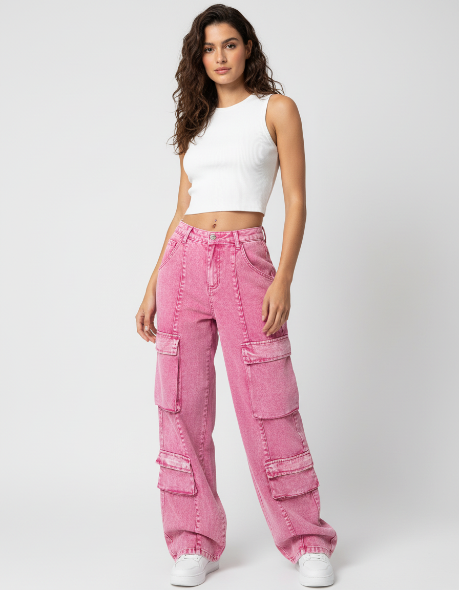 Pantalon Cargo Rose Ample Multipoches Délavé Femme - Jean