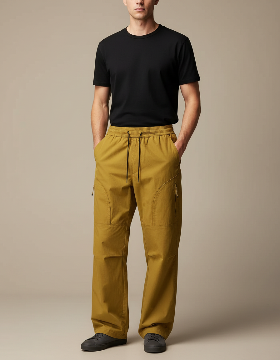 Pantalon Cargo Ample Jaune Moutarde Décontracté Multipoches - Toile