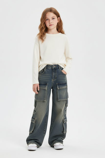 Pantalon Cargo Denim Gris Ample Multipoches Enfant - Jean