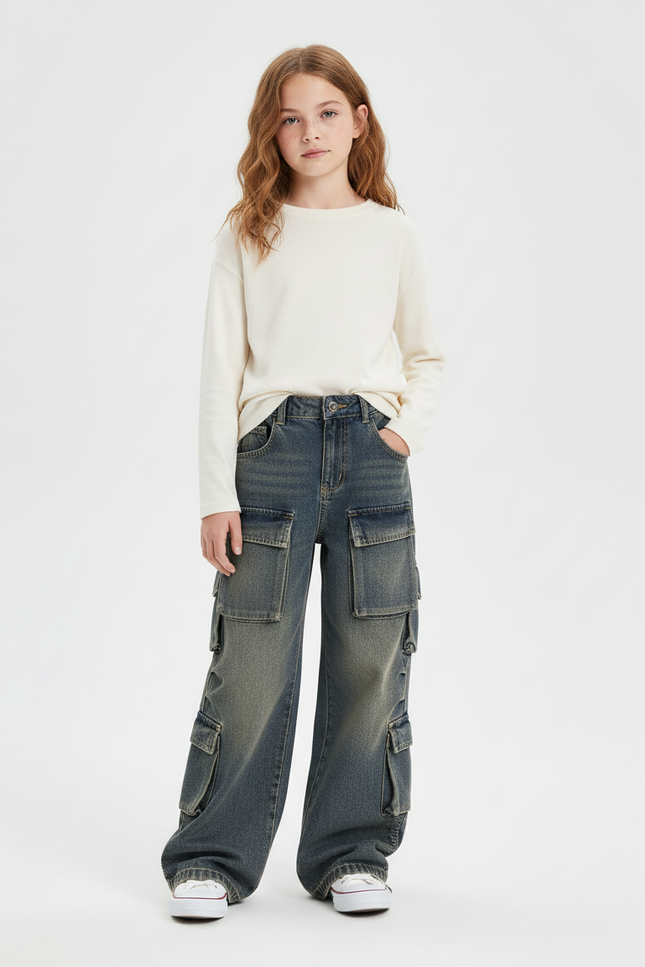 Pantalon Cargo Denim Gris Ample Multipoches Enfant - Jean