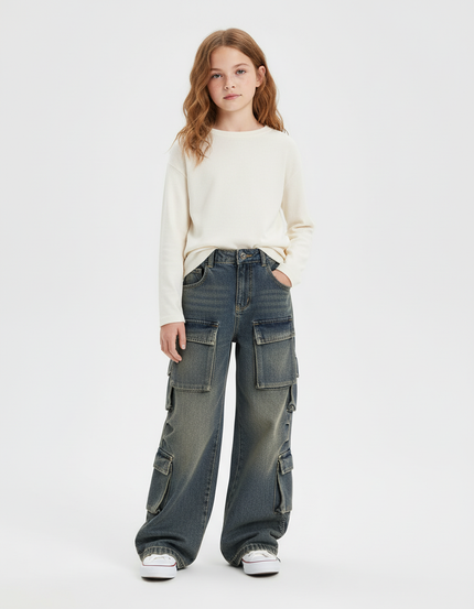 Pantalon Cargo Denim Gris Ample Multipoches Enfant - Jean