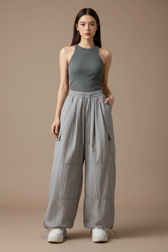 Pantalon Cargo Gris Ample Fluide Taille Haute - Polyester