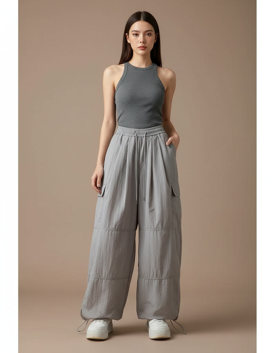 Pantalon Cargo Gris Ample Fluide Taille Haute - Polyester