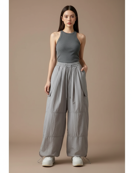 Pantalon Cargo Gris Ample Fluide Taille Haute - Polyester