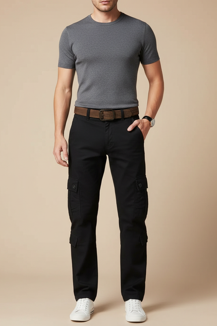 Pantalon Cargo Noir Coton Homme Slim Multipoches