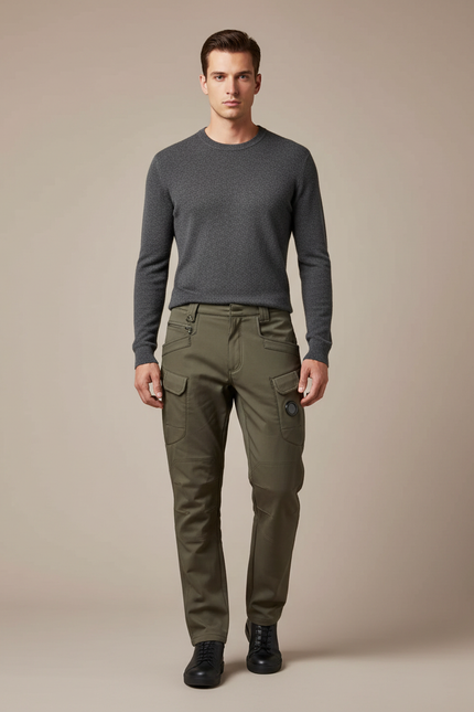 Pantalon Cargo Vert Kaki Multipoches Coupe Droite Homme - Gabardine