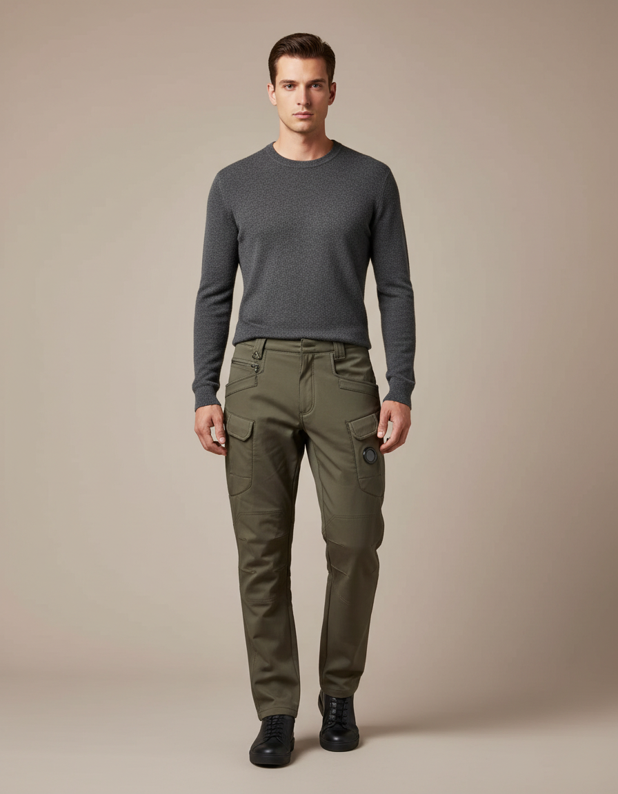 Pantalon Cargo Vert Kaki Multipoches Coupe Droite Homme - Gabardine