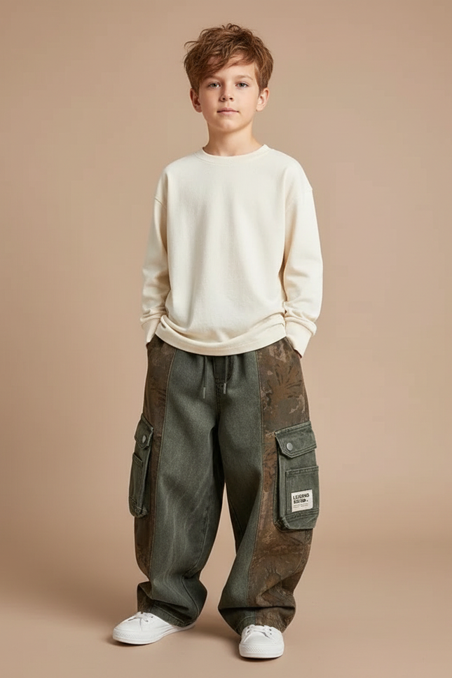 Pantalon Cargo Vert Marron Ample Multipoches Décontracté - Multicolore Jean