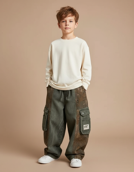 Pantalon Cargo Vert Marron Ample Multipoches Décontracté - Multicolore Jean