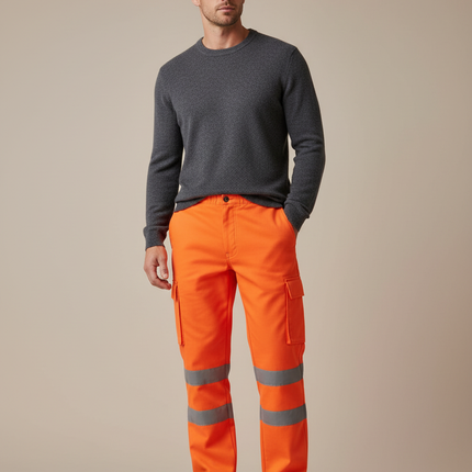 Pantalon Cargo Orange Sécurité Réfléchissant Multipoches Homme - Polyester