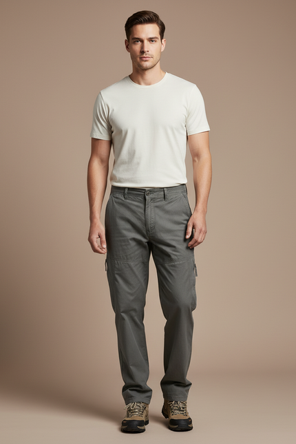Pantalon Cargo Homme Coton Gris Décontracté Multipoches - Gabardine