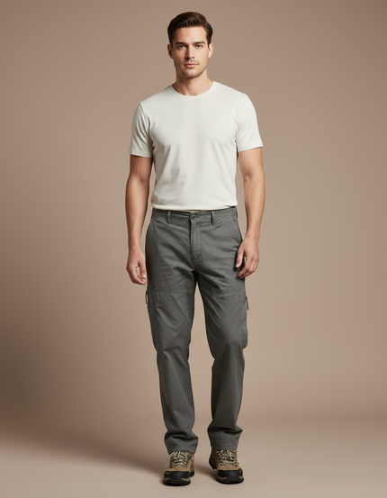 Pantalon Cargo Homme Coton Gris Décontracté Multipoches - Gabardine