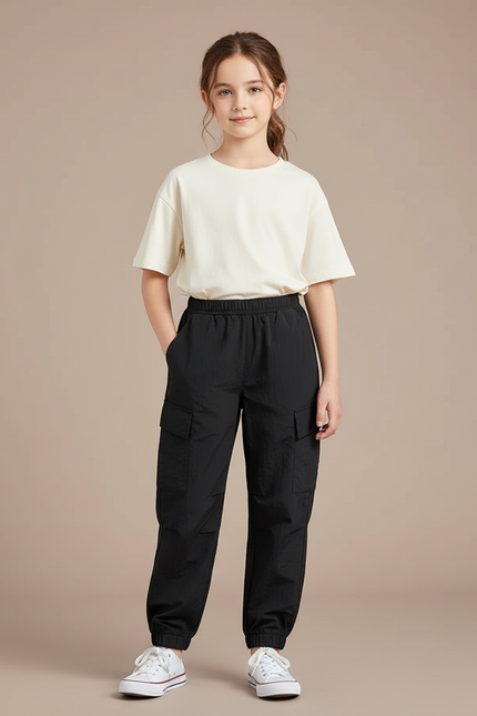 Pantalon Cargo Noir Léger Ample Multipoches Fille - Polyester