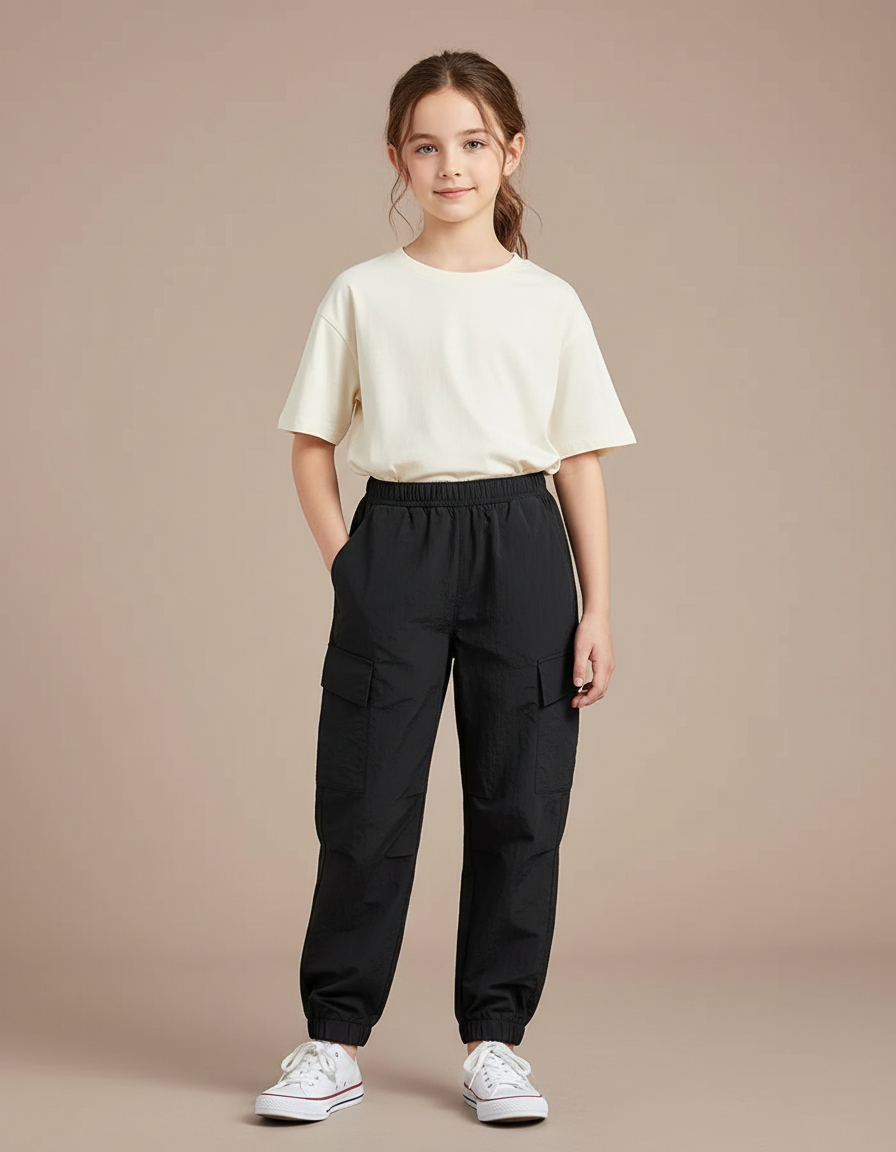 Pantalon Cargo Noir Léger Ample Multipoches Fille - Polyester