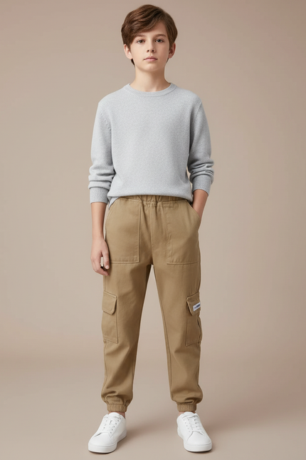 Pantalon Cargo Beige Ample Coton Multipoches Garçon
