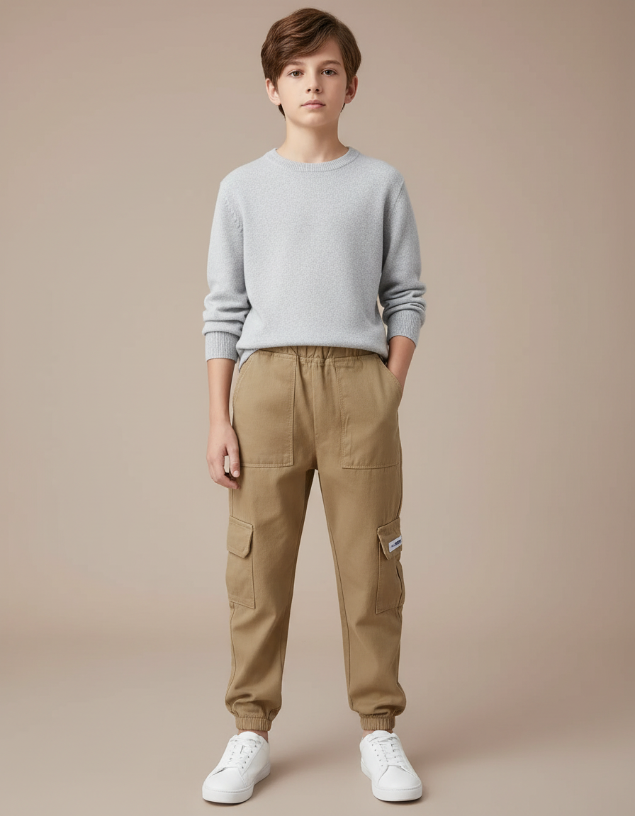 Pantalon Cargo Beige Ample Coton Multipoches Garçon