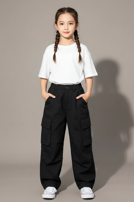 Pantalon Cargo Noir Ample Multipoches Enfant Tendance - Toile