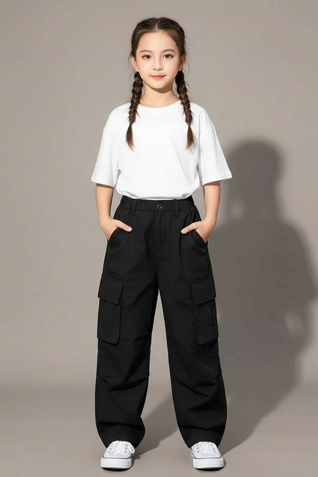 Pantalon Cargo Noir Ample Multipoches Enfant Tendance - Toile
